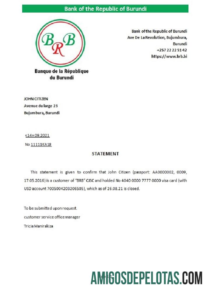Burundi Referência de fechamento do Banco da República do Burundi amostra